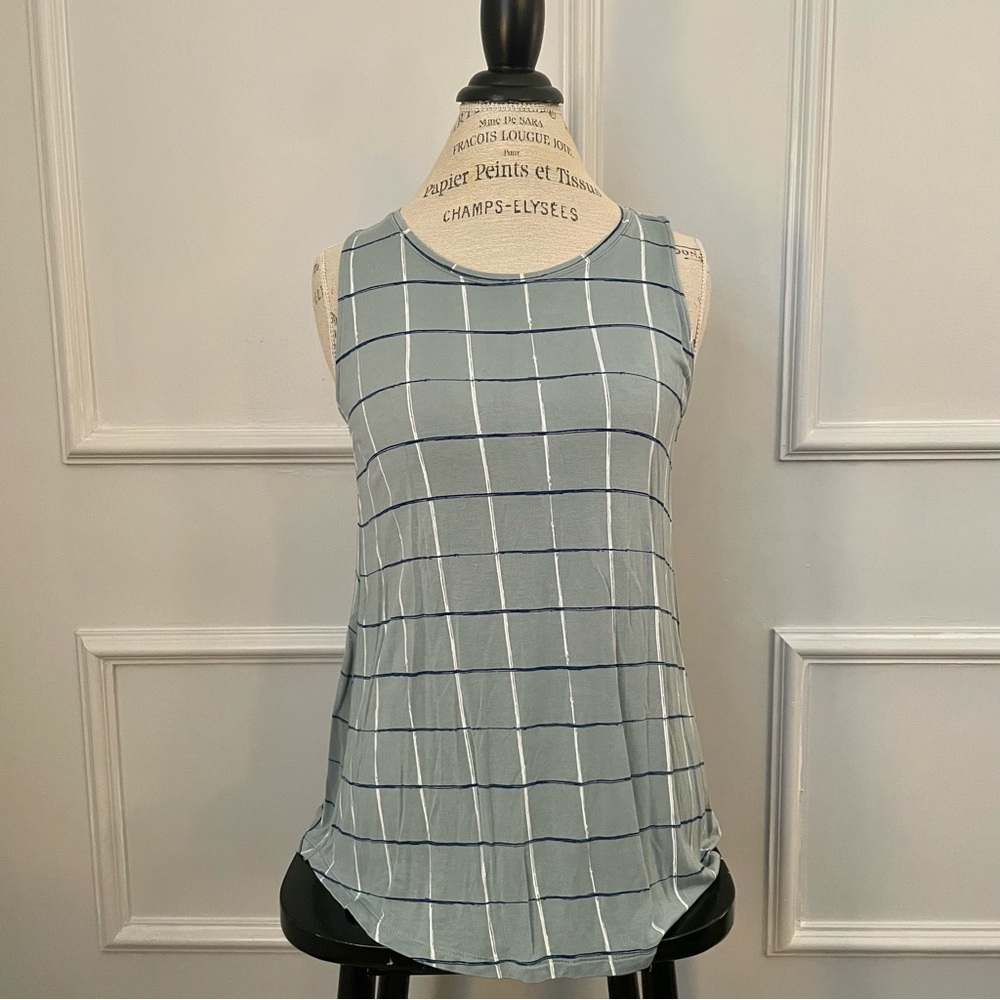 95% Rayon 5% Spandex green sketchy navy white line window pane  tank top